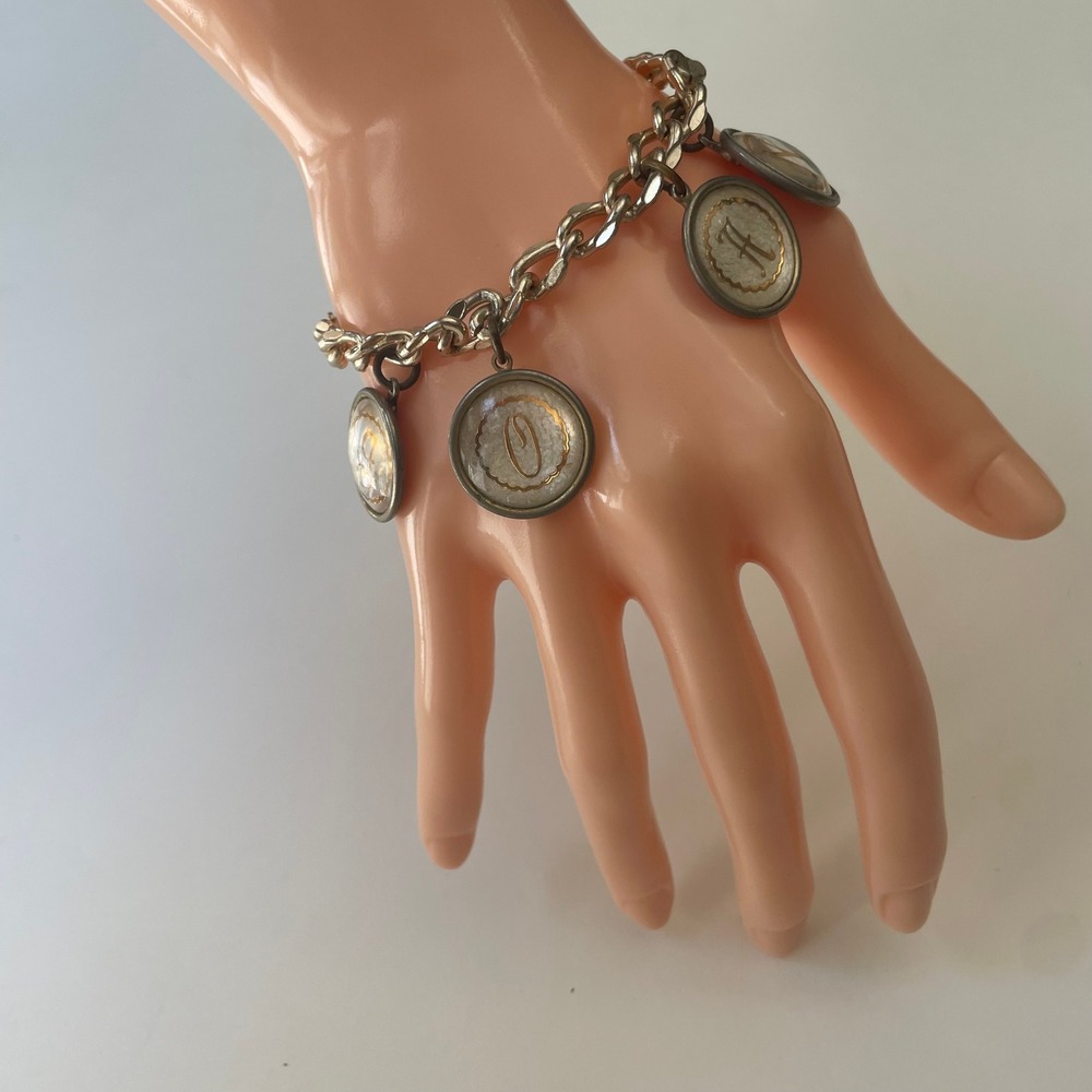 Vintage Germany Silver Tone Initial Charm Bracelet J O A N White Confetti 7.5in
